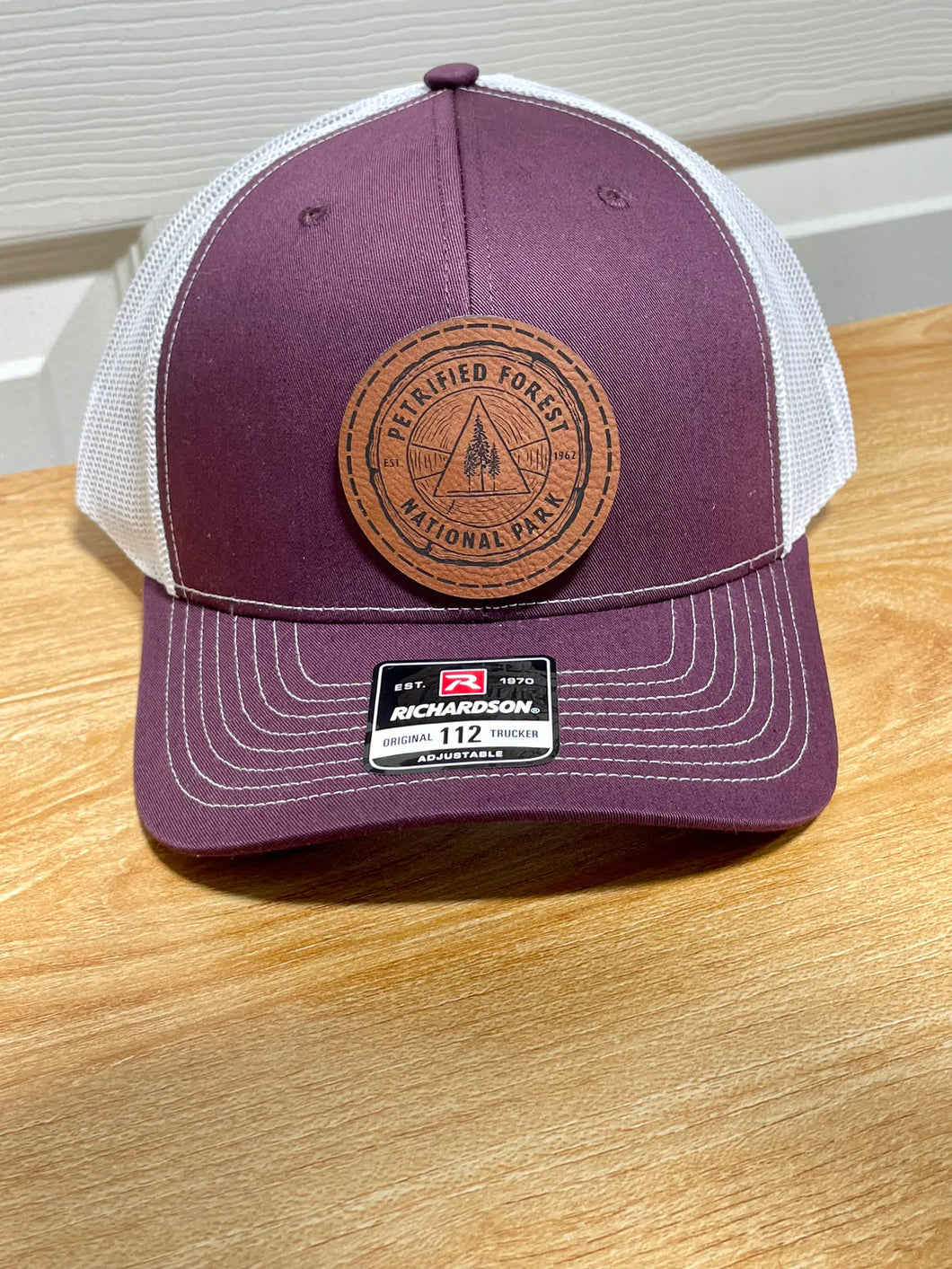 Petrified Forest Burgundy with White Mesh Richardson 112 Leather Patch Hat